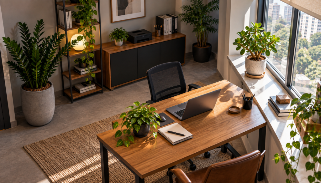Planta-jade próxima da área mais iluminada e zamioculca em uma região de menor luminosidade dentro do mesmo escritório.