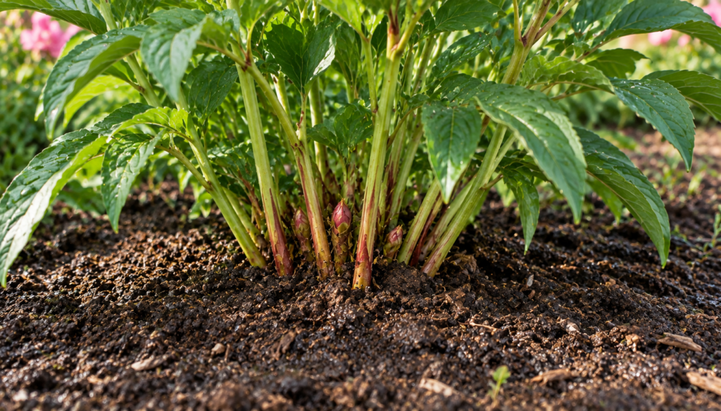 Base de peônia em solo úmido e drenante, sem poças ou água acumulada ao redor da planta.