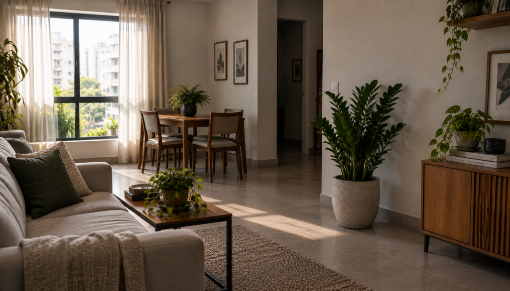 Planta em canto afastado da janela recebendo claridade natural indireta dentro de casa.