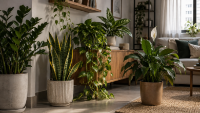Zamioculca, espada-de-são-jorge, jiboia, lírio-da-paz e aglaonema em ambiente interno com pouca luz natural.