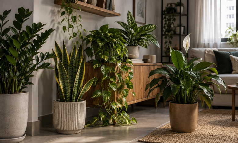 Zamioculca, espada-de-são-jorge, jiboia, lírio-da-paz e aglaonema em ambiente interno com pouca luz natural.