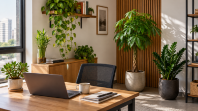 Escritório organizado com Pachira, zamioculca, planta-jade, bambu-da-sorte e jiboia distribuídos conforme o espaço e a luminosidade.