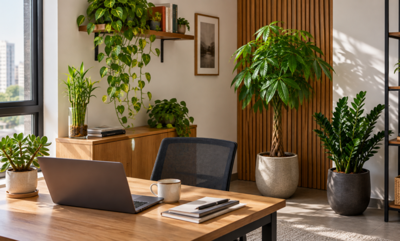 Escritório organizado com Pachira, zamioculca, planta-jade, bambu-da-sorte e jiboia distribuídos conforme o espaço e a luminosidade.