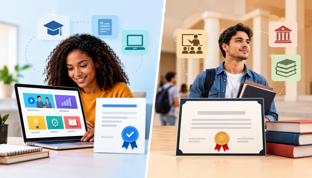 Comparação entre certificado de curso livre online e formação regulamentada, mostrando que são modalidades educacionais diferentes.