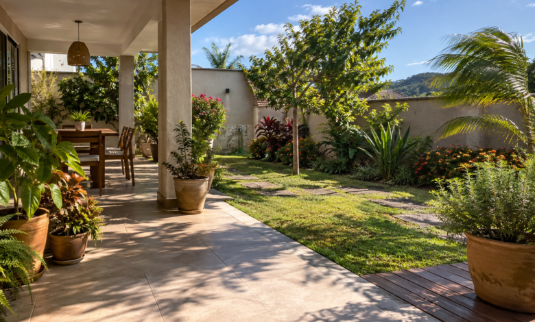 Área externa residencial com jardim ensolarado, varanda parcialmente coberta e vasos em diferentes condições de exposição.