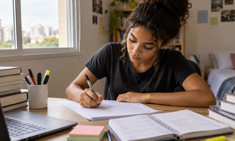Estudante escrevendo à mão uma redação durante preparação para o ENEM.