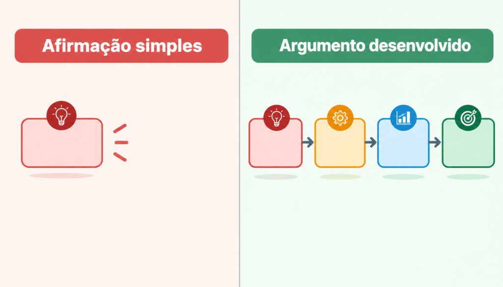 Comparação entre uma afirmação isolada e um argumento desenvolvido com explicação, consequência e conexão com a tese.