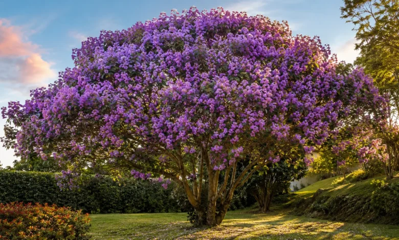 Quaresmeira florida com flores roxas em jardim
