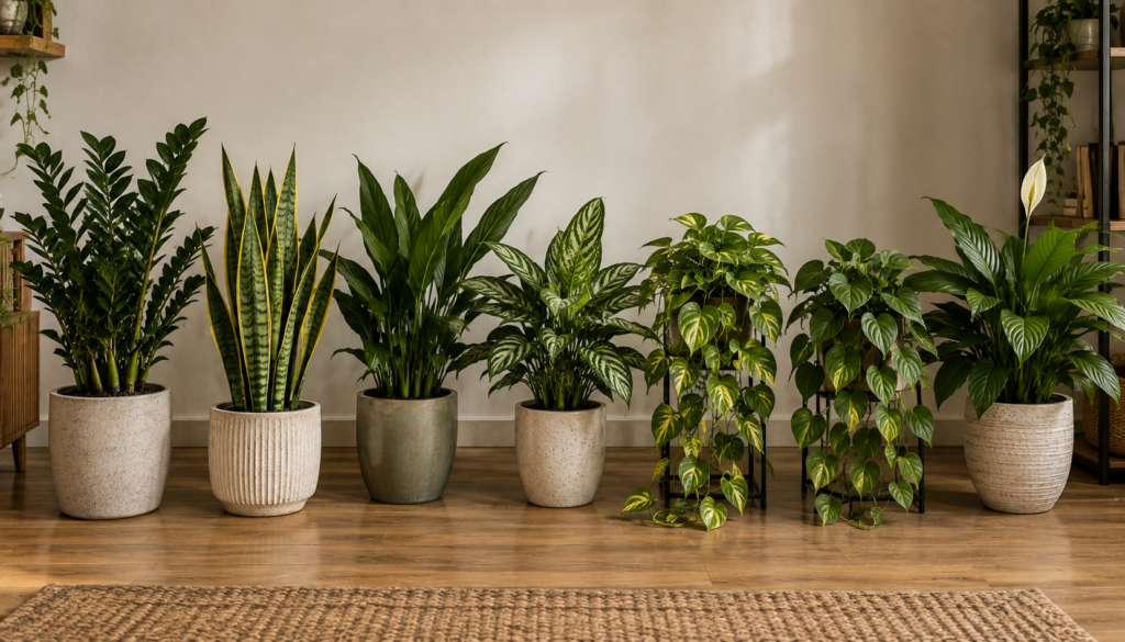 Zamioculca, espada-de-são-jorge, aspidistra, aglaonema, jiboia, filodendro-coração e lírio-da-paz cultivados em vasos.