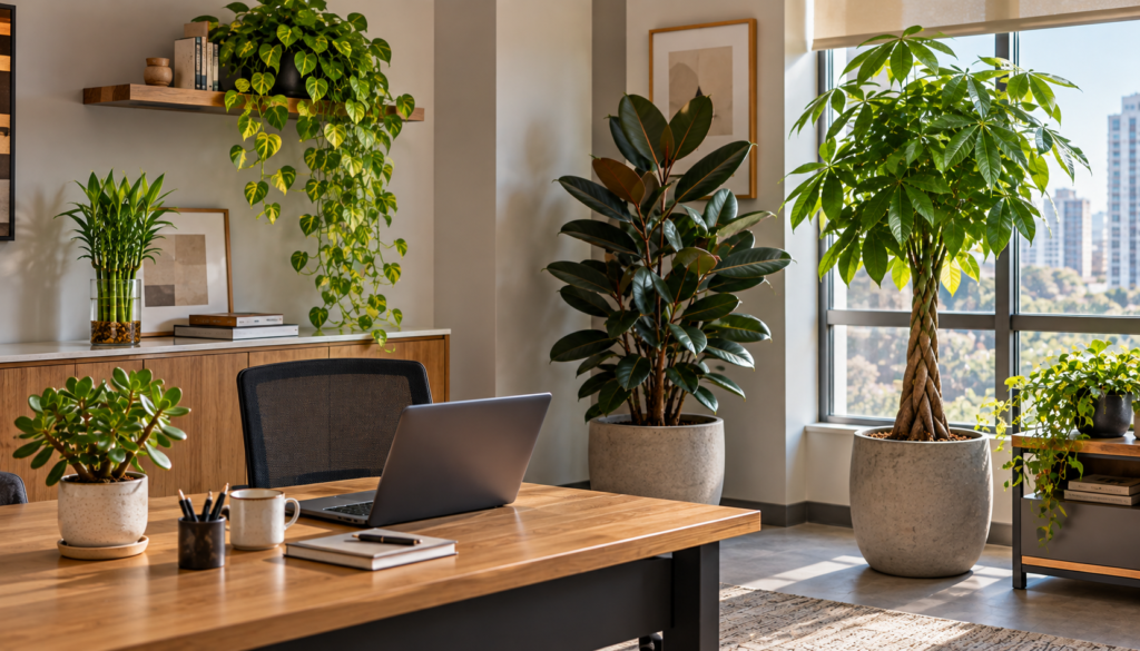 Plantas de diferentes portes distribuídas entre mesa, prateleira e piso de um escritório conforme o espaço disponível.