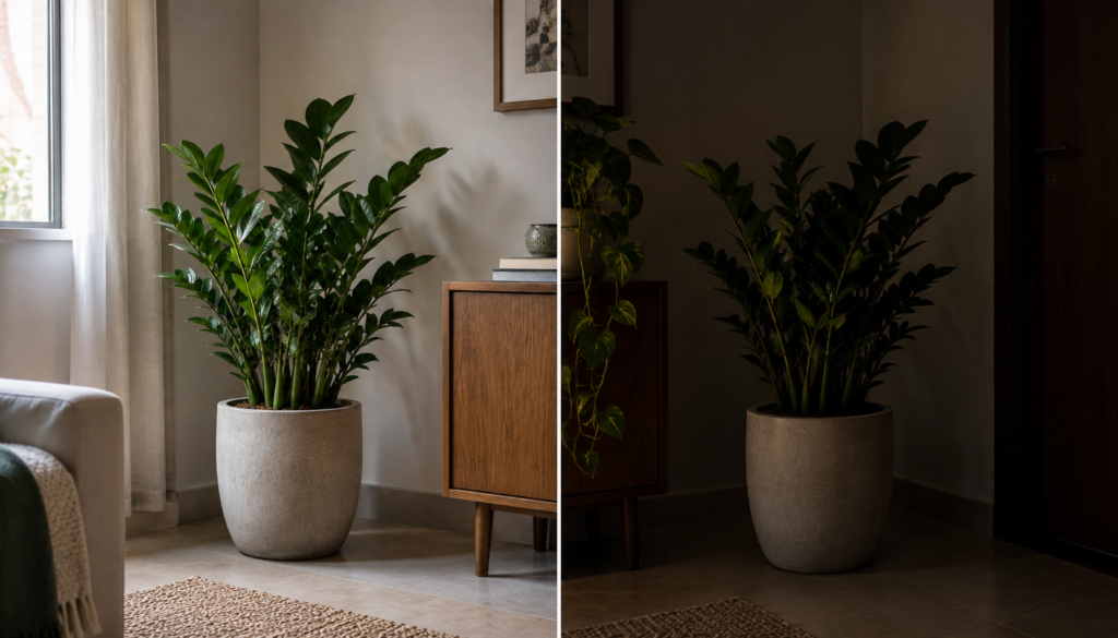 Comparação entre um canto com pouca luz natural durante o dia e um ambiente praticamente sem entrada de luz natural.