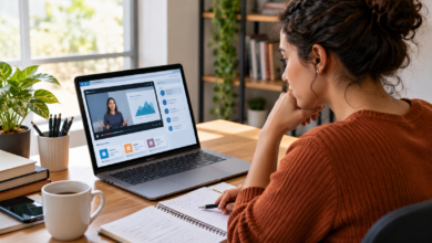 Pessoa estudando um curso online em notebook com caderno de anotações ao lado.