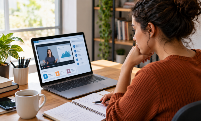 Pessoa estudando um curso online em notebook com caderno de anotações ao lado.