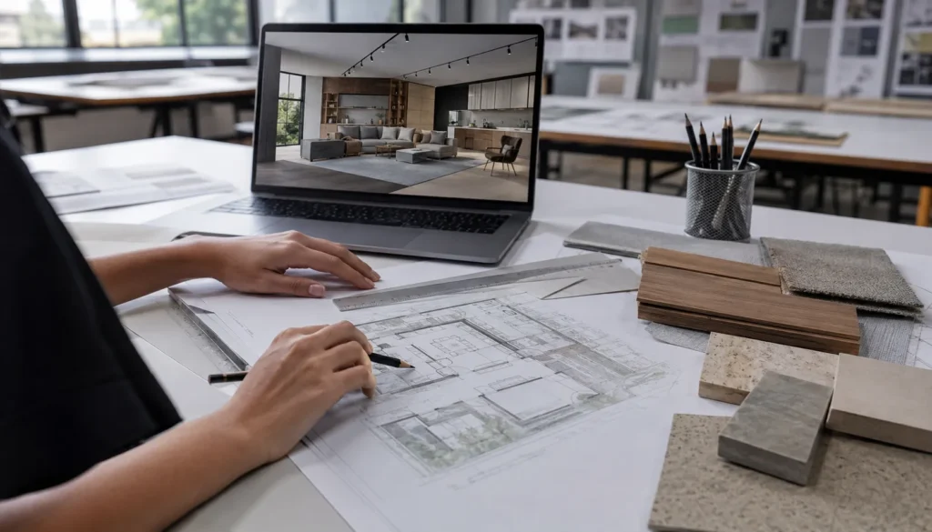 Estúdio de arquitetura com projeto em andamento