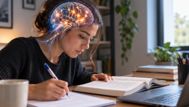 Estudante concentrado com representação conceitual das conexões cerebrais envolvidas no aprendizado.