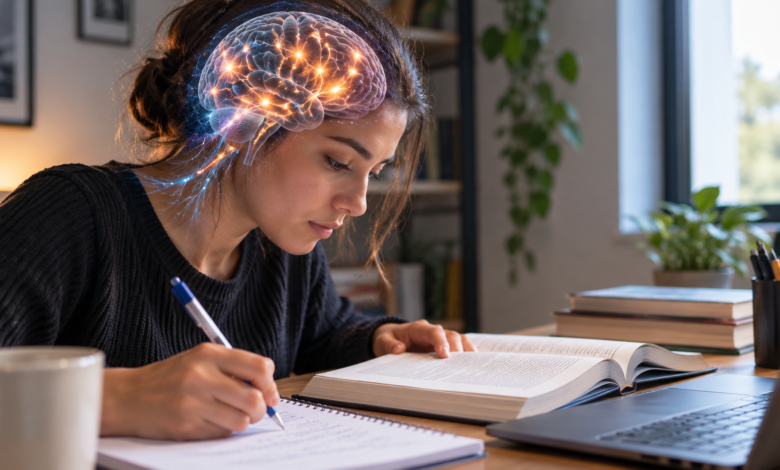 Estudante concentrado com representação conceitual das conexões cerebrais envolvidas no aprendizado.