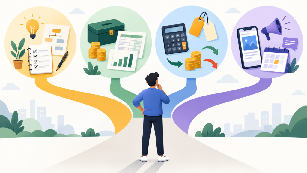 Empreendedor diante de caminhos de estudo para negócio, finanças, preços e marketing.