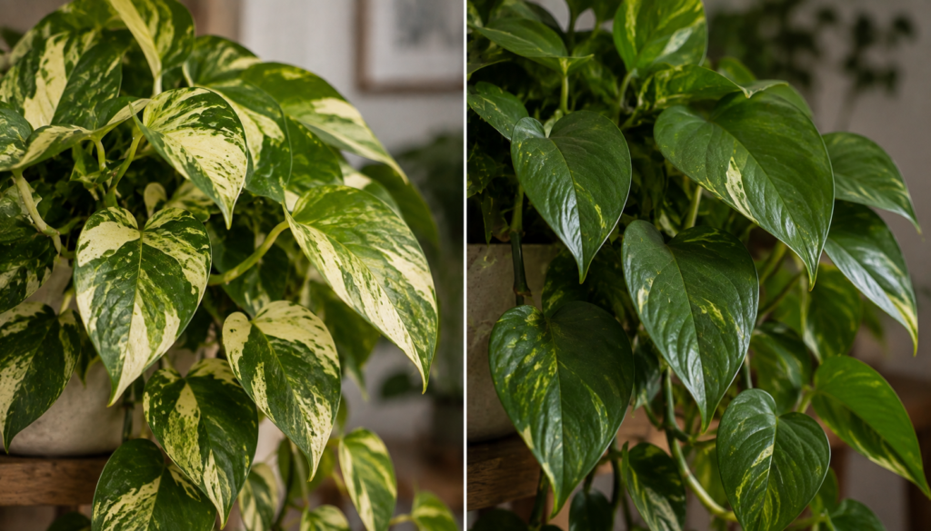 Comparação de folhas de jiboia variegada com maior e menor intensidade de áreas claras na folhagem.