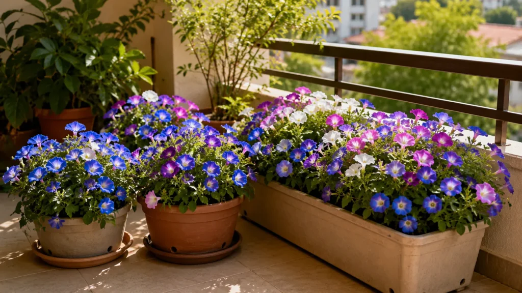 Flor-bela-manhã cultivada em vasos e jardineiras