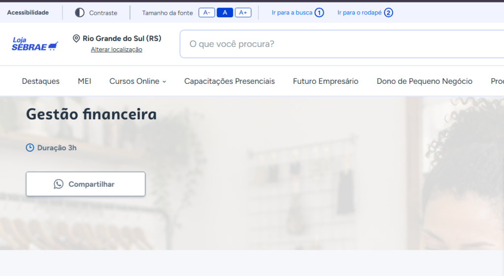 Página do Sebrae RS mostrando curso Gestão financeira com duração de 3 horas.
