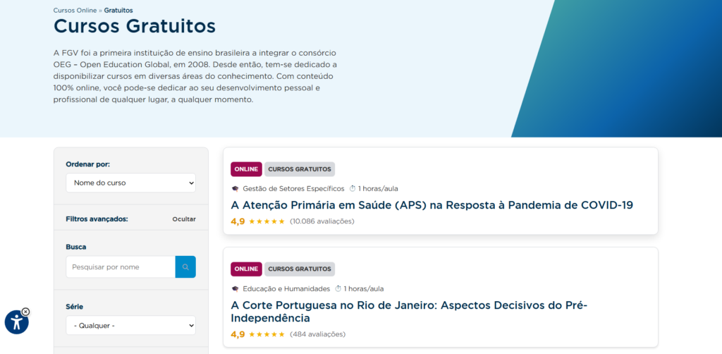 Página de cursos gratuitos da FGV mostrando opções online de diferentes áreas do conhecimento.