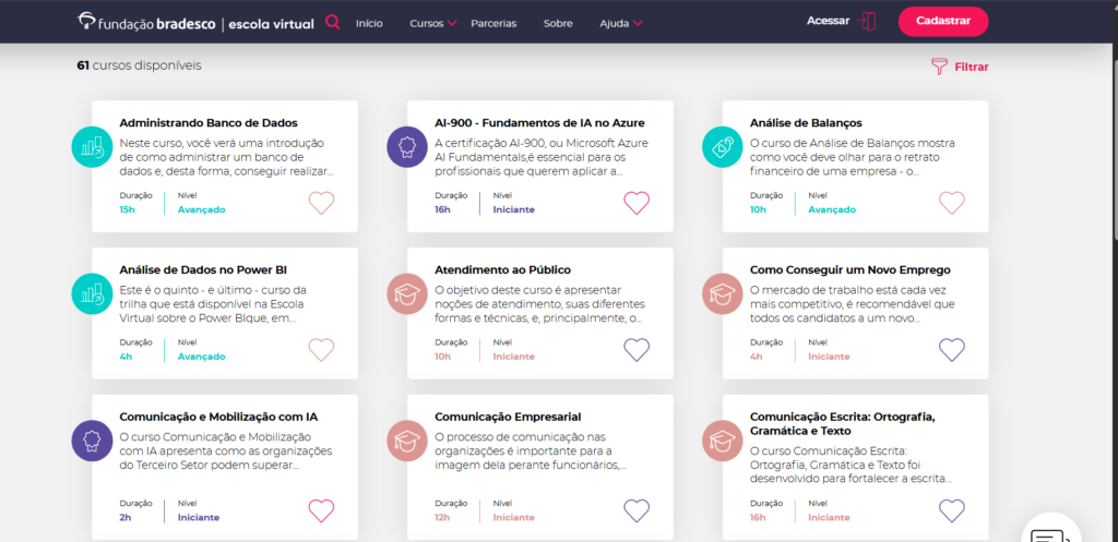Catálogo da Escola Virtual da Fundação Bradesco exibindo cursos disponíveis com informações de duração e nível.
