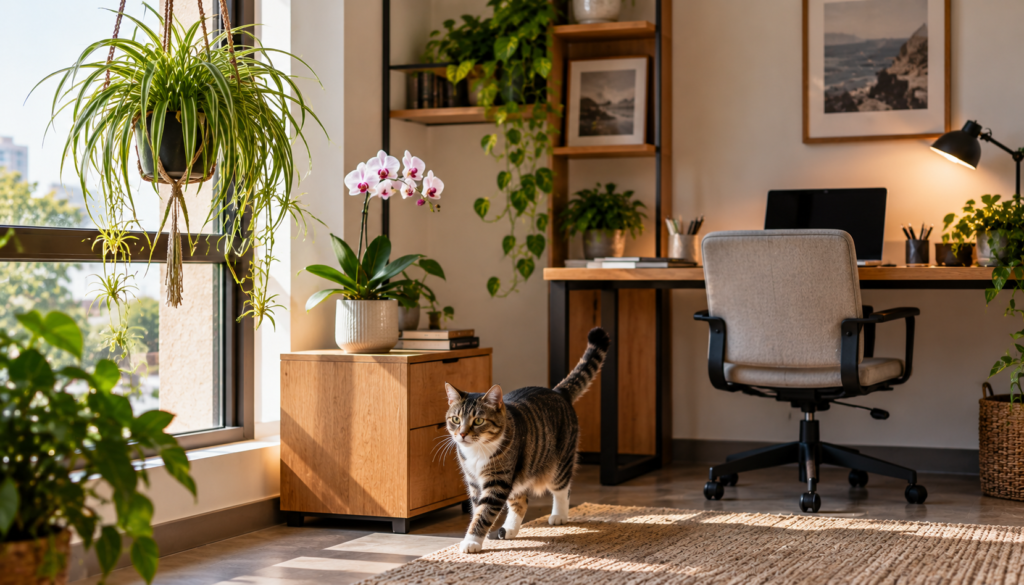 Gato em home office com clorofito suspenso e orquídea Phalaenopsis integrados ao ambiente.