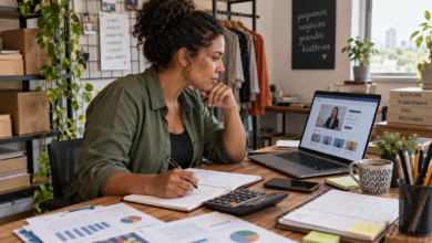 Empreendedor estudando cursos online de gestão e planejamento em notebook.