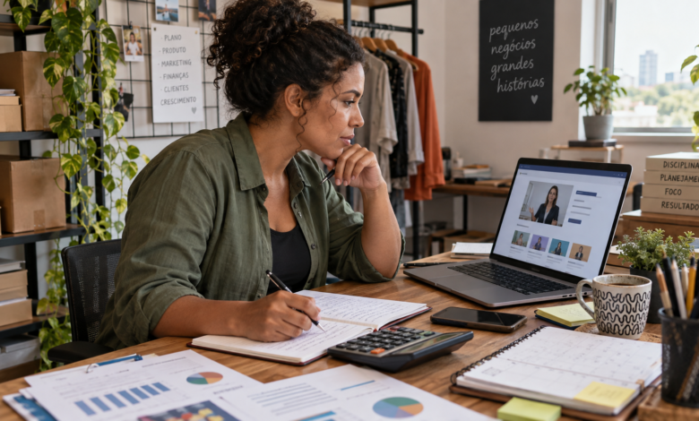 Empreendedor estudando cursos online de gestão e planejamento em notebook.