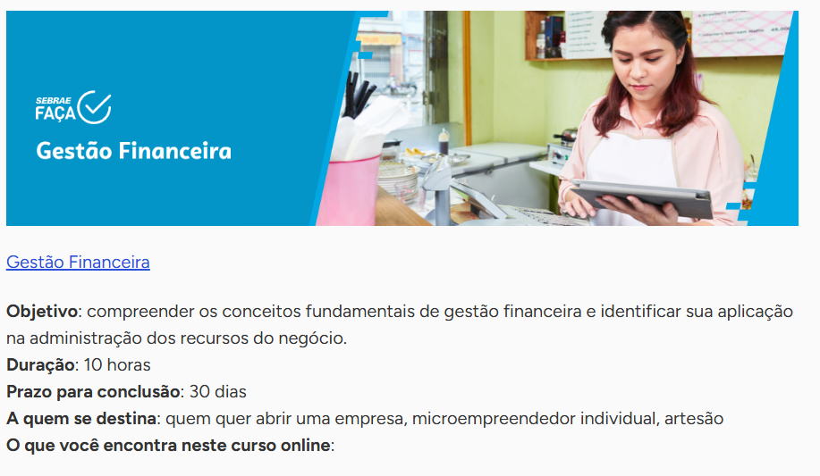 Página do curso Gestão Financeira do Sebrae mostrando duração de 10 horas e prazo de 30 dias