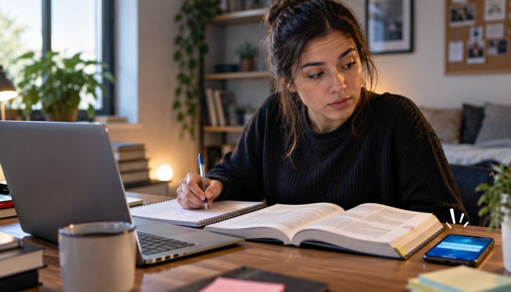 Estudante desvia a atenção do material de estudo para o celular enquanto tenta manter a concentração.