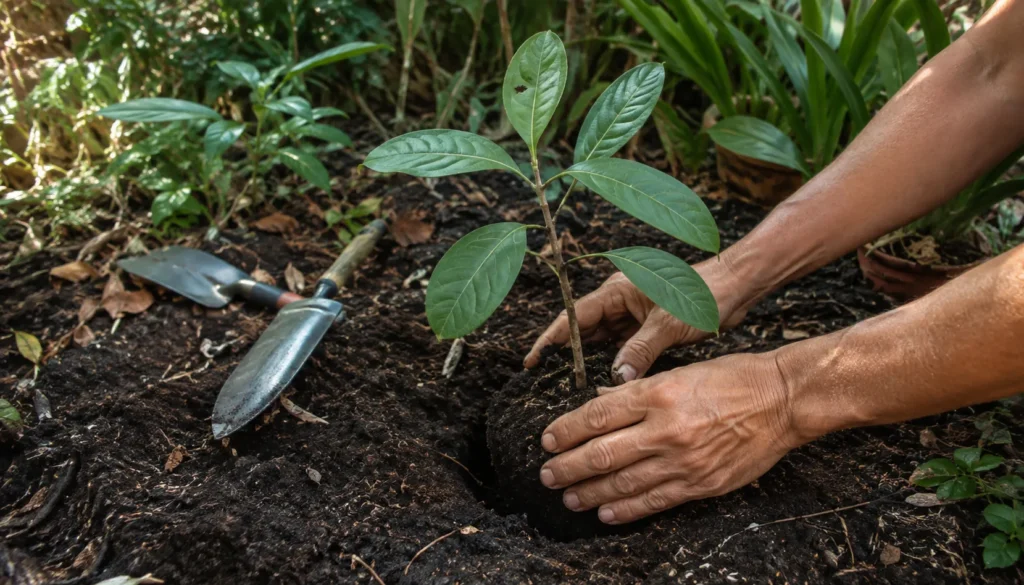 Plantio de muda de quaresmeira em solo fértil e drenado