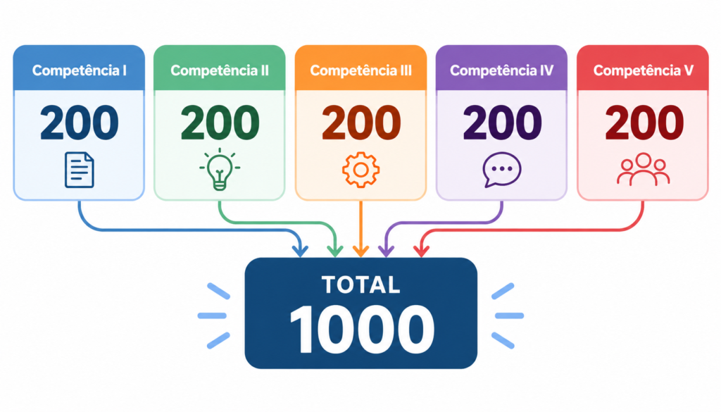 Diagrama com cinco competências de até 200 pontos cada formando os 1.000 pontos da redação do ENEM.