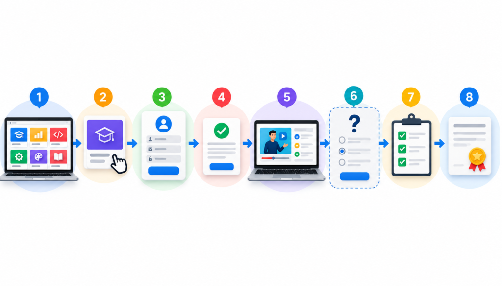Fluxo do curso online: consultar o catálogo, escolher o curso, criar conta, fazer matrícula, estudar, realizar avaliação quando houver, concluir requisitos e acessar o certificado.