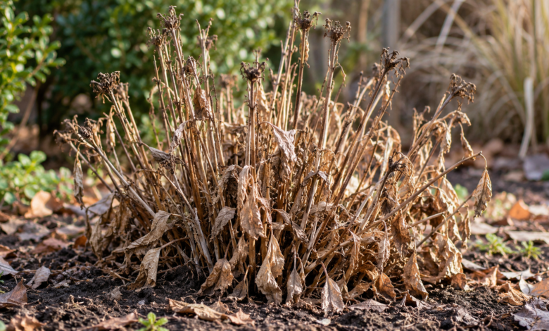 Planta perene com caules e folhas secos durante período de dormência no jardim.