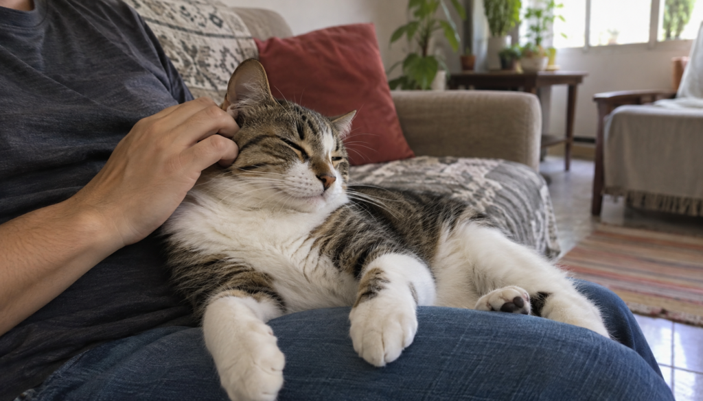 Gato ronronando enquanto recebe carinho