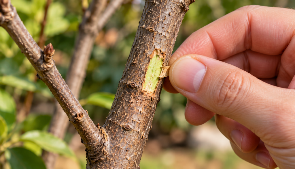 Pequena área da casca de um ramo sendo raspada para verificar a presença de tecido verde abaixo da superfície.