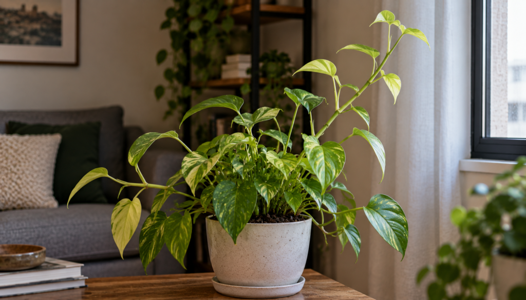 Planta de interior com crescimento alongado, folhas novas menores e parte da folhagem mais clara, sinais que podem estar associados à pouca luz.