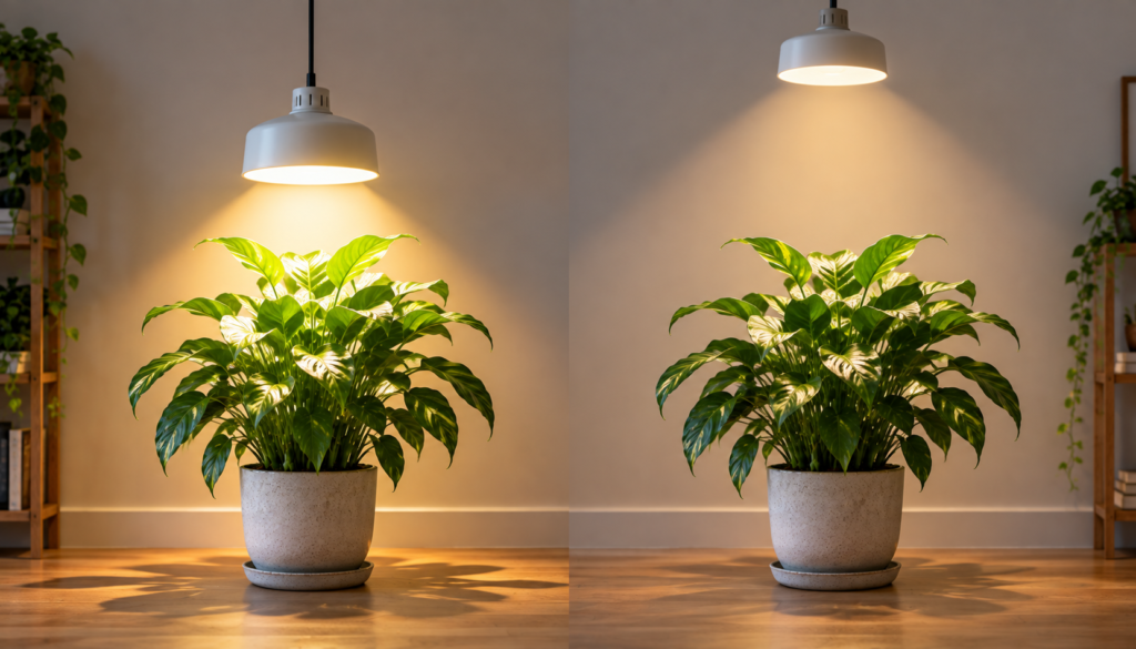 Duas plantas iguais com a mesma luminária posicionada em distâncias diferentes, mostrando mudança na concentração da luz sobre a folhagem.
