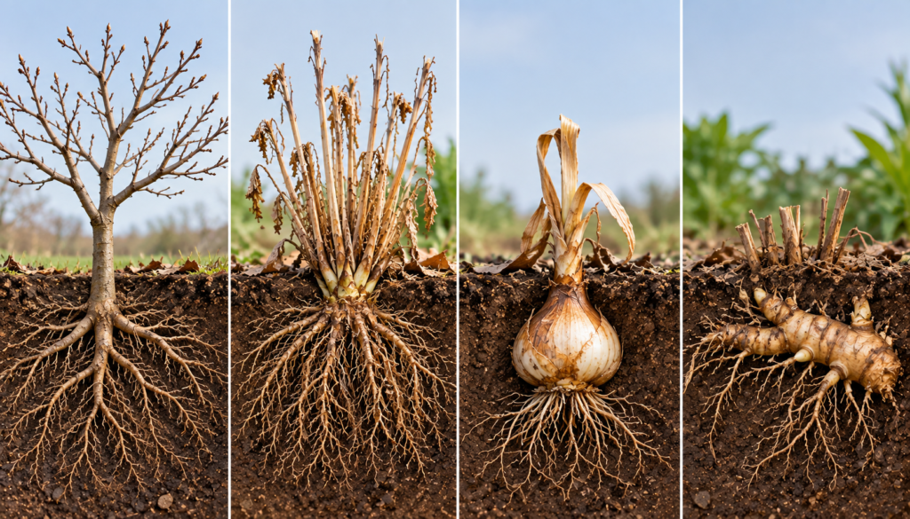 Comparação entre árvore decídua, perene herbácea, planta bulbosa e planta com estrutura subterrânea durante a dormência.
