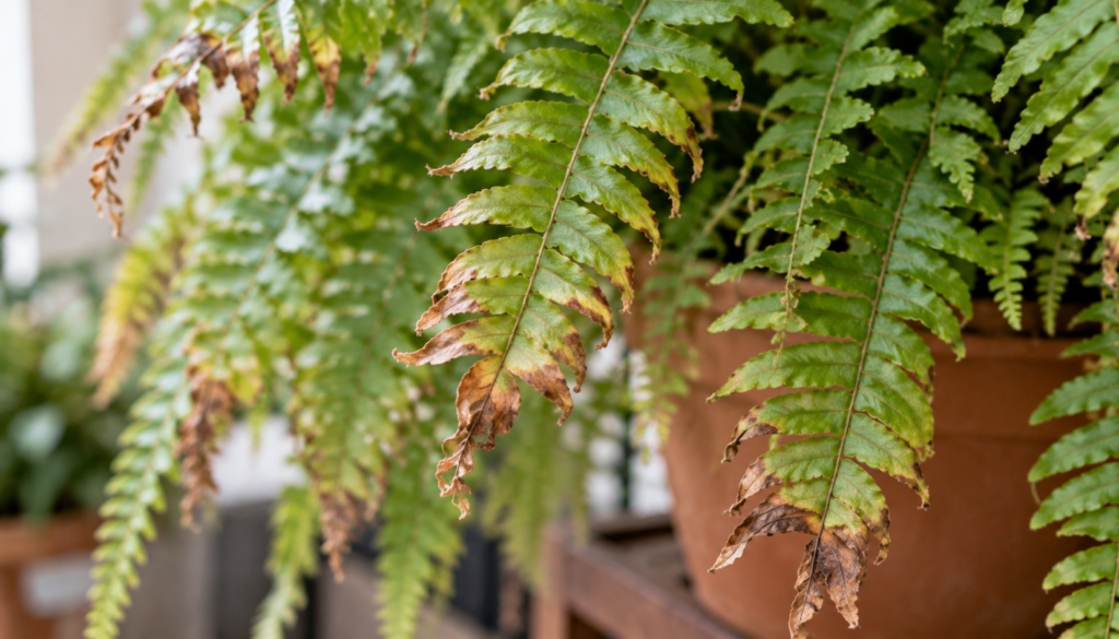 Frondes de samambaia com algumas pontas marrons e ressecadas entre áreas ainda verdes.