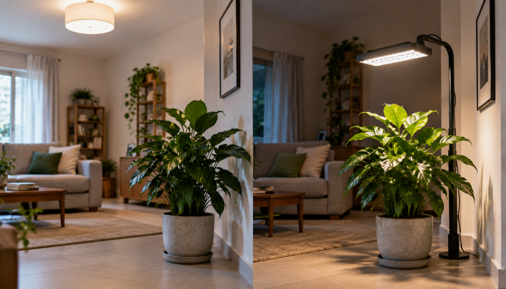Comparação entre uma planta afastada da fonte de luz em uma sala clara e outra com iluminação artificial direcionada à folhagem.