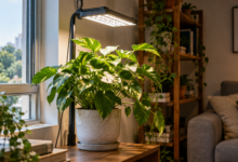 Planta de interior próxima a uma janela recebendo iluminação complementar de uma luminária instalada acima da folhagem.