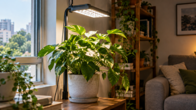 Planta de interior próxima a uma janela recebendo iluminação complementar de uma luminária instalada acima da folhagem.