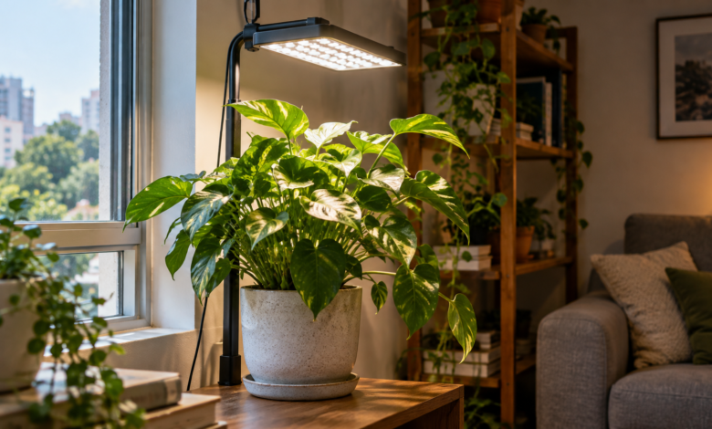 Planta de interior próxima a uma janela recebendo iluminação complementar de uma luminária instalada acima da folhagem.