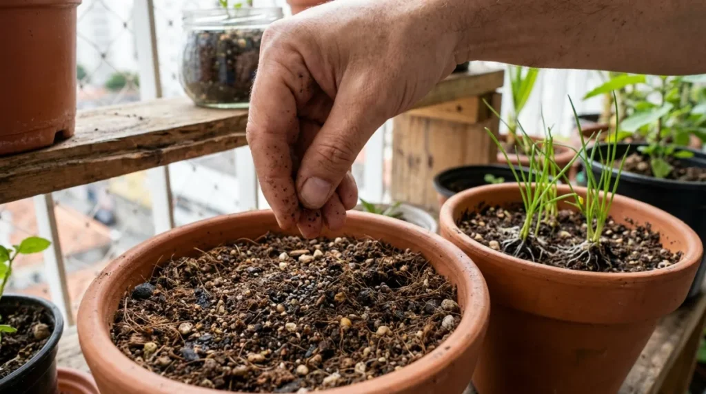 Plantio de salsa e cebolinha em vasos