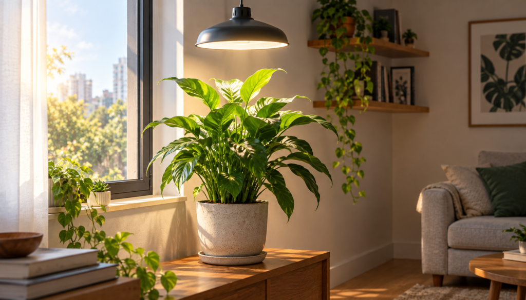 Planta próxima a uma janela recebendo luz natural lateral e iluminação artificial direcionada de cima para a folhagem.